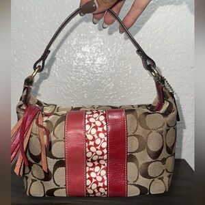 Coach Signature Stripe Red Leather Shoulder Bag / Demi Purse (Khaki & Red)